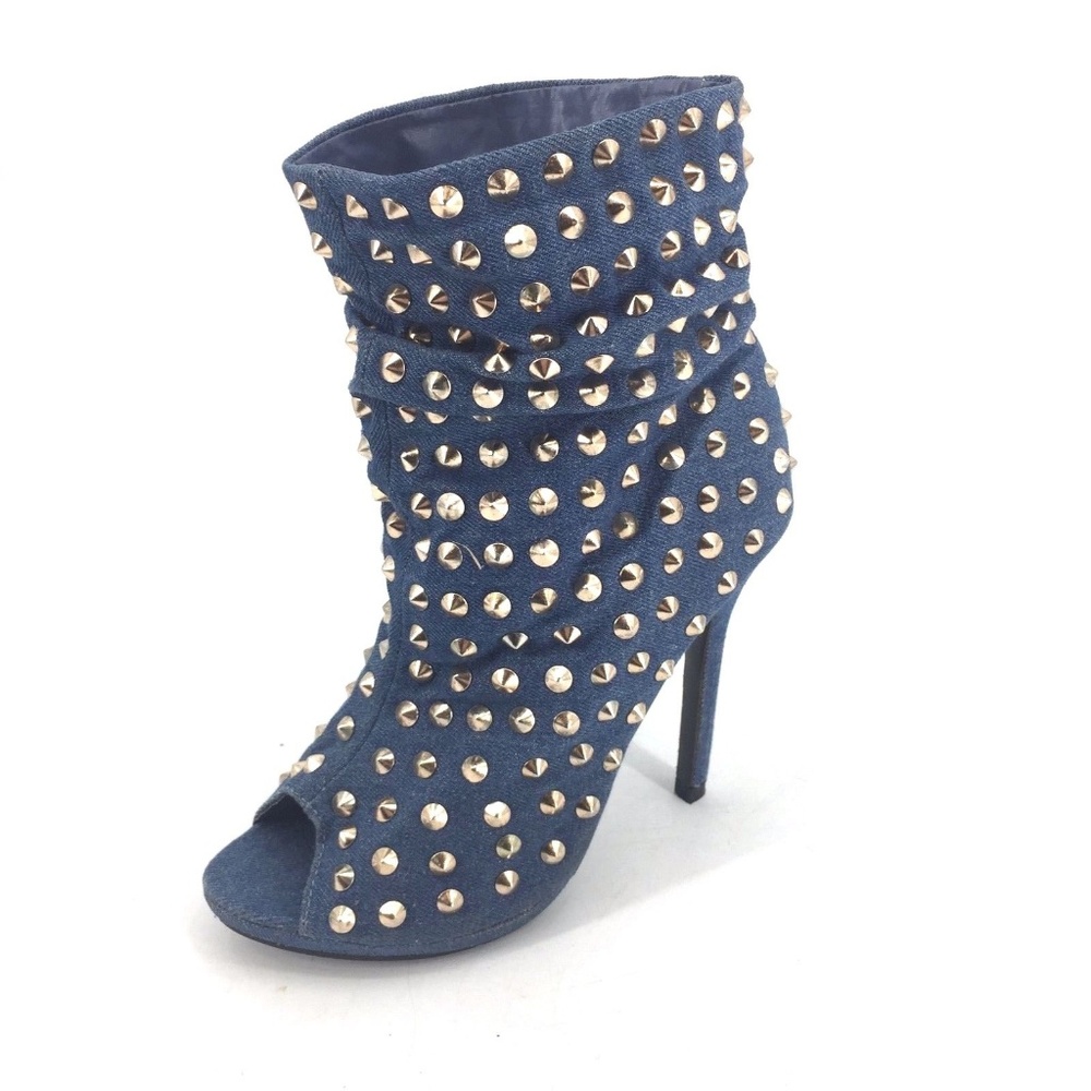 Liliana Gold Studded Slouchy Denim Booties Sz 7.5